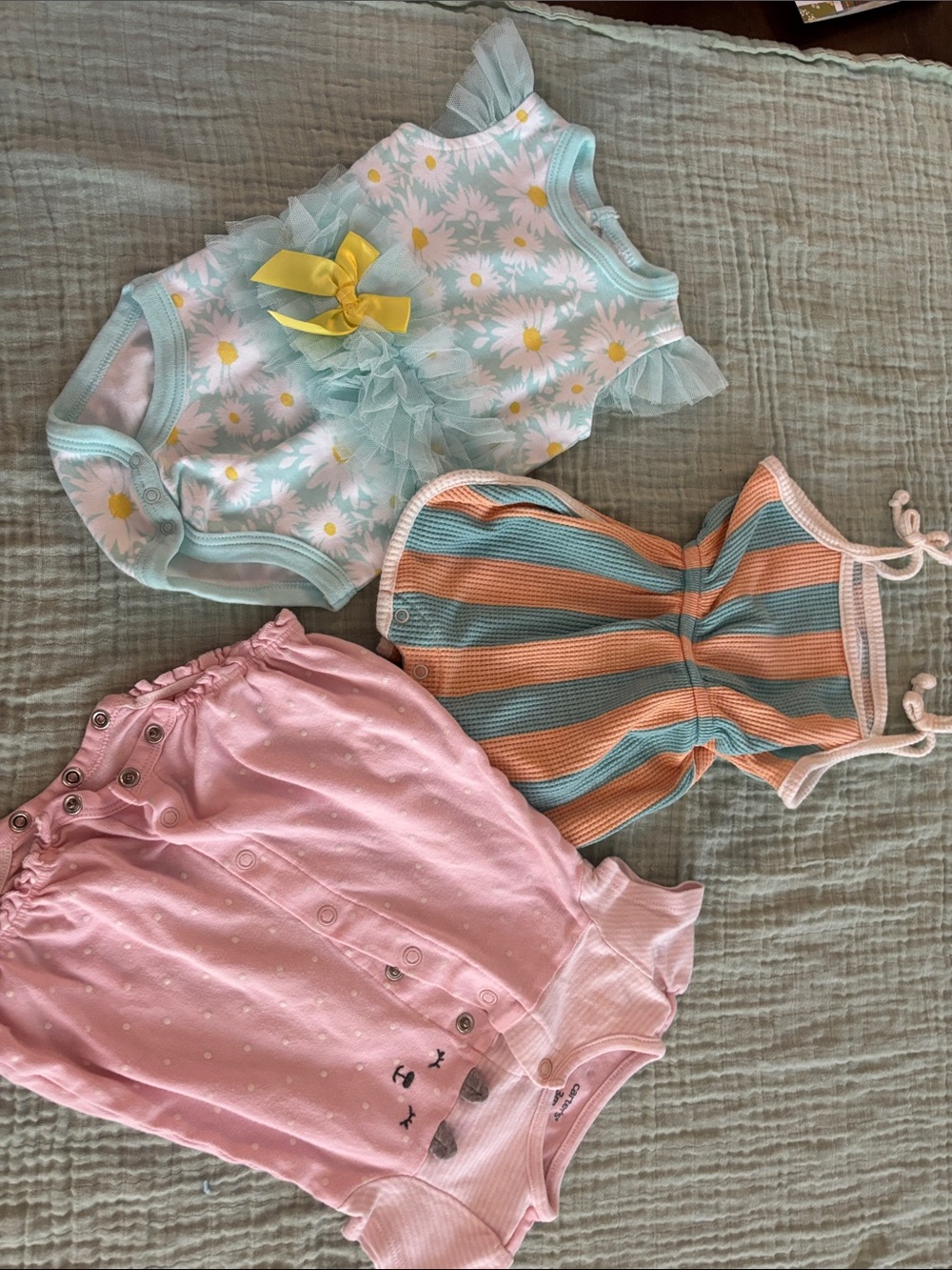 Mint Daisy Bodysuit with Yellow Bow & Pastel striped Romper & Pink  polka  dots
